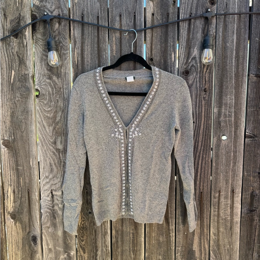 J Crew Grey Sequin and Beaded Embellished Wool Angora and Cashmere Cardigan sm